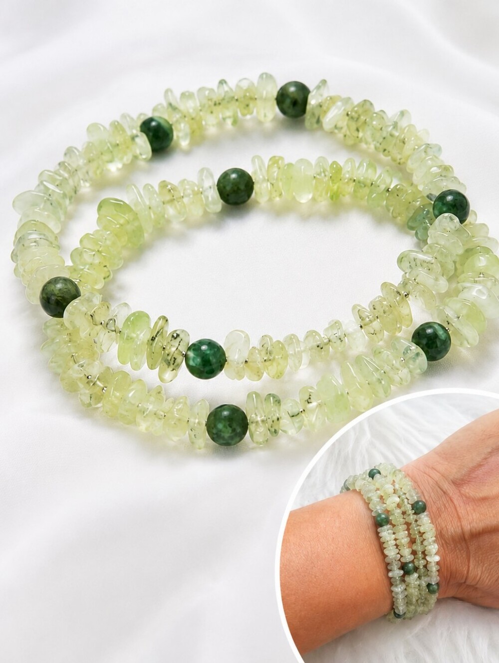 Prehnite Jade Beaded Wrap Bracelet Green Gemstone Chip